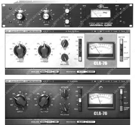 Immagine del celebre compressore hardware Universal Audio 1176 (sopra) e di due versioni del suo emulo nella versione di Waves, il CLA-76.